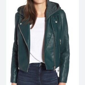 Blank NYC Dark Green Faux Leather Moto Jacket with Hood size small S B176